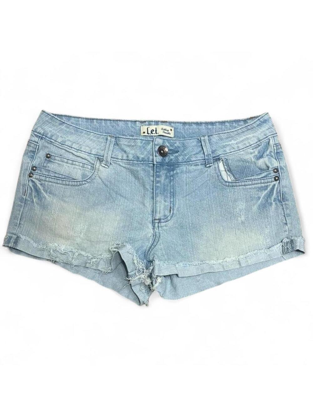 LEI Y2K Low Rise Light Wash Distressed Denim Shorts 33” Waist Cuffed